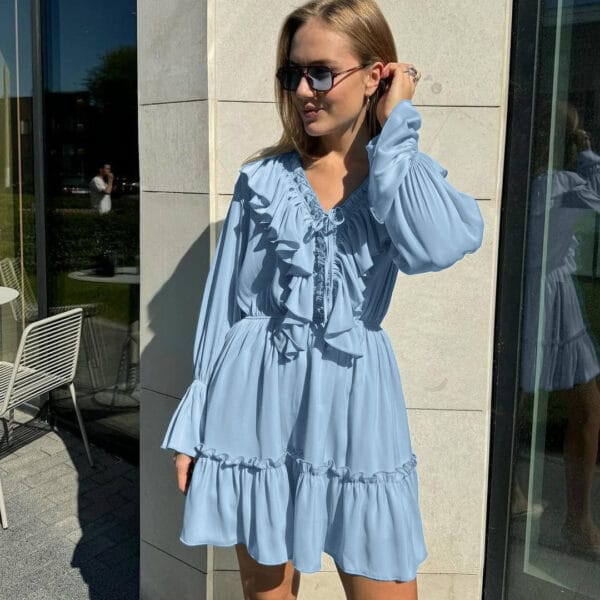 Fashion V Neck Pleated Ruffle Long Sleeve Dress Y2K V Neck Flared Sleeve Short Dress Women's Clothing - Image 8