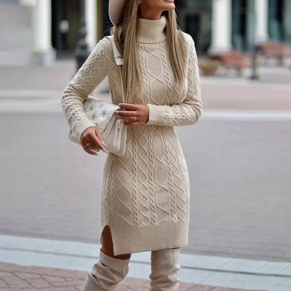 Fashion Turtleneck Knitted Dress With Slit Design Winter Warm Solid Color Pullover Long Sweater Women's Clothing - Image 2