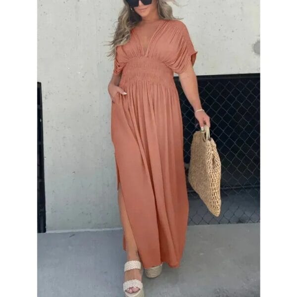 Fashion Bat-sleeved V-neck Slit Dress Summer Short Sleeve Elastic Waist Long Dresses Womens Clothing - Image 7