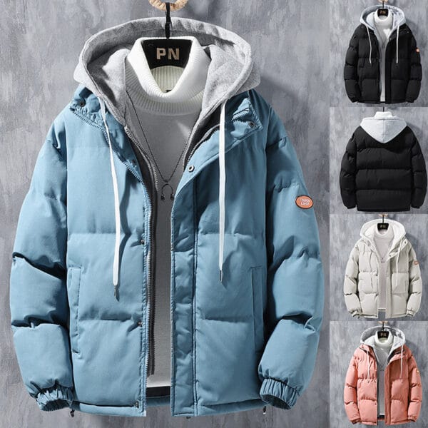 Fashion Hooded Jacket Men Winter Windproof Two-piece Coat Solid Leisure Sports Cotton Jacket