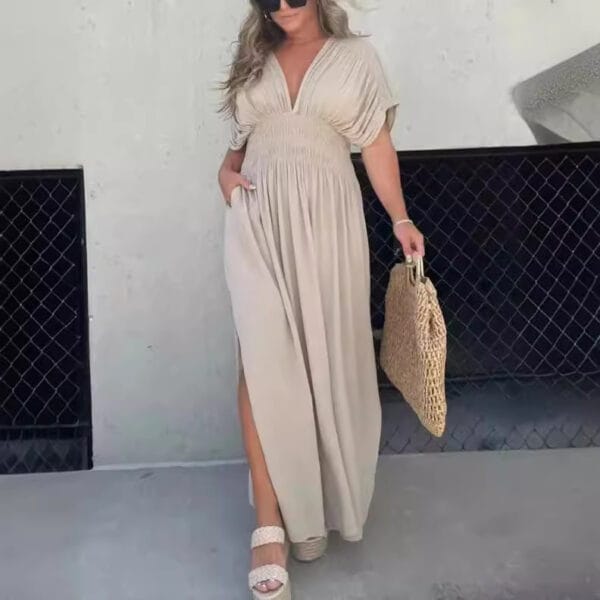 Fashion Bat-sleeved V-neck Slit Dress Summer Short Sleeve Elastic Waist Long Dresses Womens Clothing - Image 8