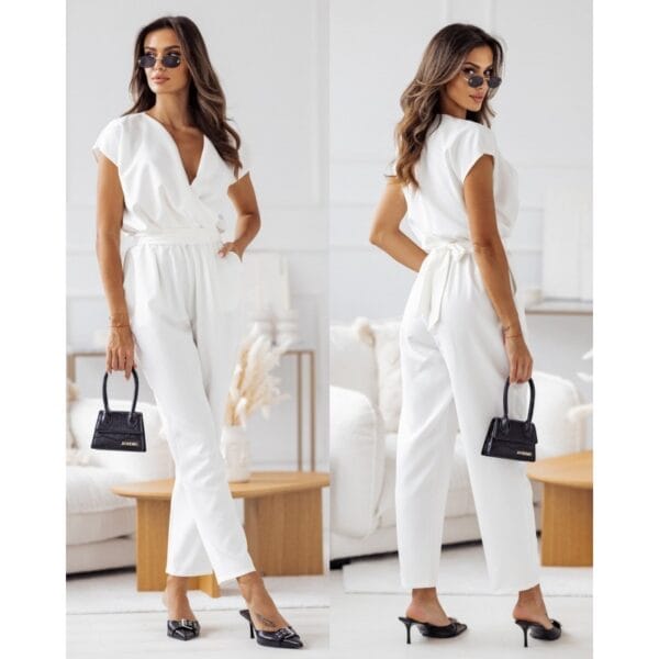 Fashion Solid Color Slimming Short-sleeved Jumpsuit Summer Lace-up Trousers Womens Clothing - Image 4